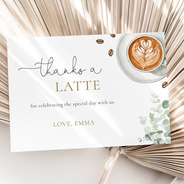 Thanks A Latte Thank You Card, Editable Template, Coffee Greenery Bridal Shower Thank You Note, Thank You A Latte Card, Digital Download