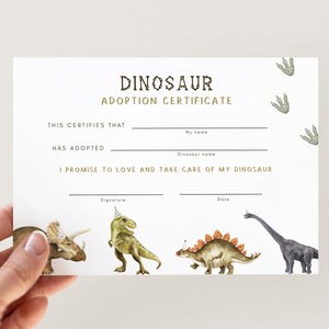 Tarjeta de certificado de adopción de dinosaurio, adopción de fiesta de cumpleaños de dinosaurio T-Rex editable, tarjeta de adopción de mascota de dinosaurio de cumpleaños de dinosaurio, descarga digital