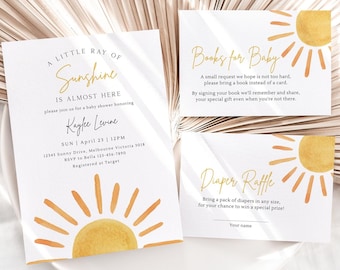 Sunshine Baby Shower Invitation, Editable Template, Little Sunshine Baby Shower Invite, Books For Baby & Diaper Raffle Set, Digital Download