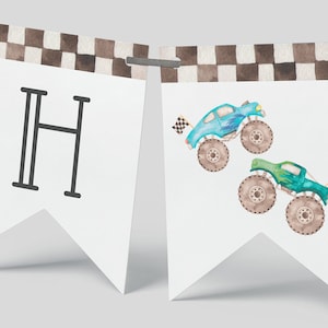 Monster Truck Birthday Banner, Editable Template, Blue Green Monster Truck Party Decoration, Happy Birthday Garland Banner, Digital Download
