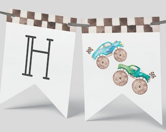 Monster Truck Birthday Banner, Editable Template, Blue Green Monster Truck Party Decoration, Happy Birthday Garland Banner, Digital Download