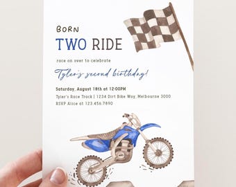Born Two Ride Dirt Bike Birthday Invitation, Editable Blue Dirt Bike 2nd B'day Invite, Born Two Ride Racing Bike Party, Digital Download