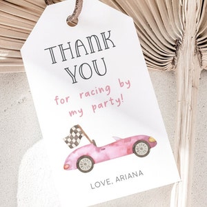 Pink Rennwagen Dankeschön-Tag, bearbeitbare Vorlage, Vintage Pink Racing Geschenkanhänger, Mädchen-Auto-Geburtstags-Partydekoration, Pink Car Party Favors Tag Label