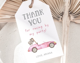 Pink Race Car Thank You Tag, Editable Template, Vintage Pink Racing Gift Tag, Girl Car Birthday Party Decor, Pink Car Party Favors Tag Label