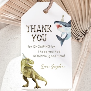 Etiqueta de agradecimiento de dinosaurio y tiburón, etiqueta editable de T-Rex Great White Shark B'day Favors, etiqueta de fiesta de etiqueta de regalo Boy Dino Sharks, descarga instantánea