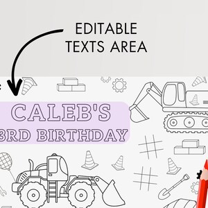 Puede incluir: Una p&aacute;gina para colorear imprimible con un tema de construcci&oacute;n. La p&aacute;gina incluye una excavadora grande, una excavadora m&aacute;s peque&ntilde;a, conos de tr&aacute;fico y otros equipos de construcci&oacute;n. El texto "Caleb's 3rd Birthday" est&aacute; en la parte superior de la p&aacute;gina.