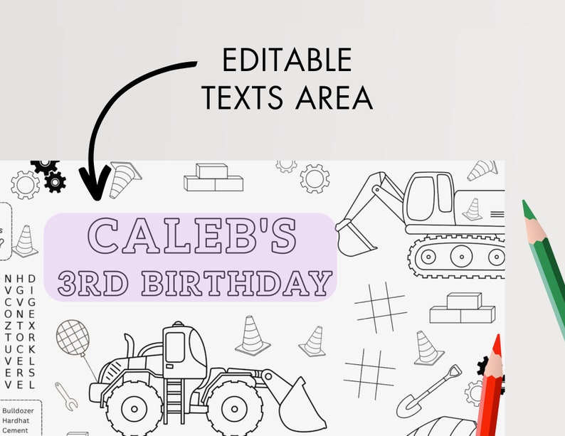 Puede incluir: Una p&aacute;gina para colorear imprimible con un tema de construcci&oacute;n. La p&aacute;gina incluye una excavadora grande, una excavadora m&aacute;s peque&ntilde;a, conos de tr&aacute;fico y otros equipos de construcci&oacute;n. El texto "Caleb's 3rd Birthday" est&aacute; en la parte superior de la p&aacute;gina.