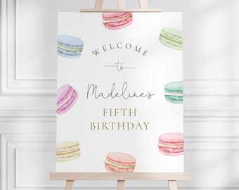 Macarons Geburtstag Willkommensschild, bearbeitbares Pastell Macaron Party Zeichen, minimalistisches süßes Desserts B'day Feier Dekor, digitaler Download