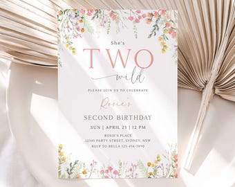 Invitación de cumpleaños con dos flores silvestres, editable, para segundo cumpleaños de niña, con flores de primavera, descarga digital.