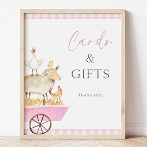 Enseigne pour cartes et cadeaux de la ferme rose, anniversaire fille modifiable, décoration de fête animaux de la basse-cour, signe de fête minimaliste animaux de la ferme rose, téléchargement numérique