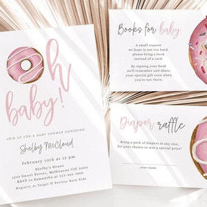 Pink Donut Baby Shower Invitation, Editable Template, Books For Baby, Diaper Raffle, Sweet Baby Girl, Oh Baby Donut Invite, Digital Download