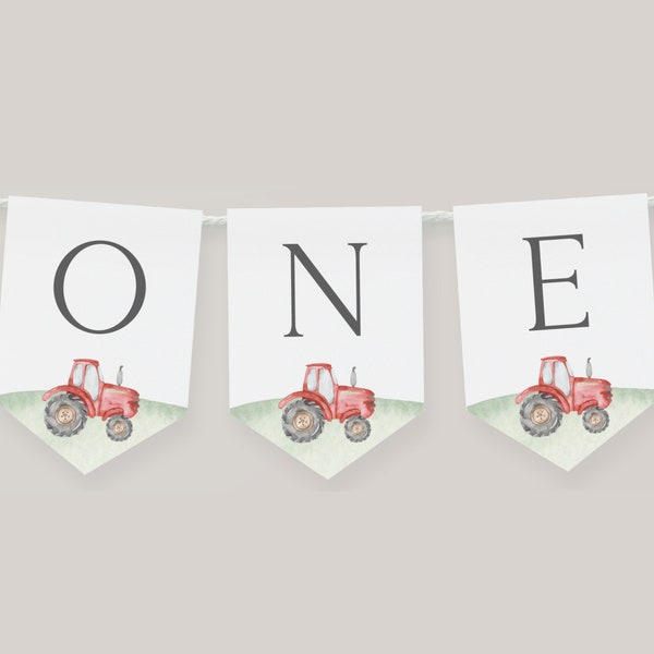 Red Tractor 1st Birthday High Chair Banner, Editable Tractor B'day Sign, Farm Red Tractor ONE Banner, Tractor Party, Digital Download
