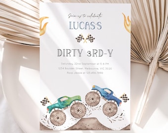May include: A birthday party invitation for a 3-year-old boy named Lucas. The invitation features a watercolor illustration of two monster trucks, one blue and one green, with checkered flags and flames. The text reads "Join us to celebrate Lucas's Dirty 3rd-Y" and includes the date, time, address, and RSVP information.