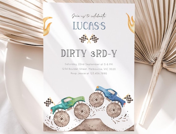 Monster Truck Dirty 3RD-Y Invitation, Editable Template, Monster Truck 3rd Birthday Invite, Blue & Green Truck B'day Party, Digital Download
