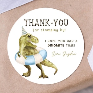 Editable Dinosaur Pool Float Party Favors Sticker Template, Printable Three Rex B'day Thank You Label, Dino Four Favors, Digital Download