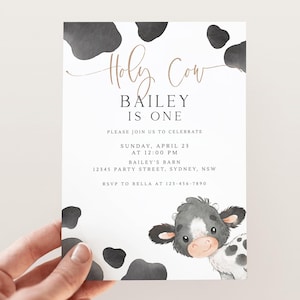 Editable Holy Cow I&#39;m ONE Invitation, Cow 1st Birthday Party, Gender Neutral Cow Themed B&#39;day Invite, Boho Cow Invitation, Digital Download