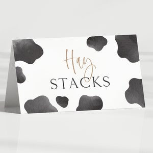 牛のパーティーフードテント、編集可能なテンプレート、Holy Cow I'm One フードラベル、Holy Cow バースデーフードテント、牛の誕生日テーブルデコレーション、デジタルダウンロード