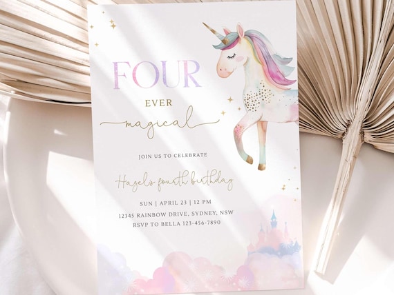 Unicorn 4th Birthday Invitation, Editable Four Ever Magical Unicorn Birthday Invite, Pastel Rainbow Unicorn B'day Party, Digital Download