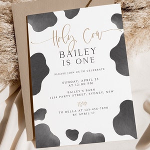 Holy Cow 1st Birthday Invitation, Editable Template, Holy Cow I&#39;m One, Gender Neutral Minimalist Cow B&#39;day Party Invite, Digital Download