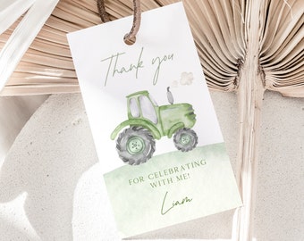 Green Tractor Party Favors Tag, Editable Template, Farm Tractor B'day Thank You Tag, Green Tractor Birthday Favors Label, Digital Download