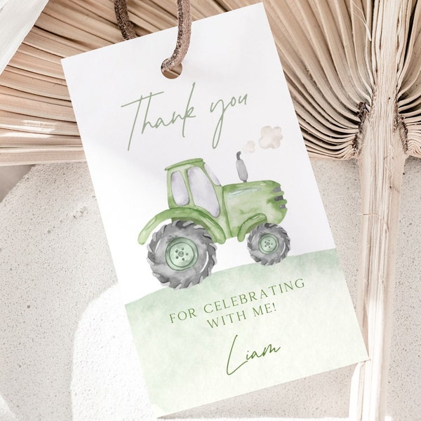 Green Tractor Party Favors Tag, Editable Template, Farm Tractor B'day Thank You Tag, Green Tractor Birthday Favors Label, Digital Download