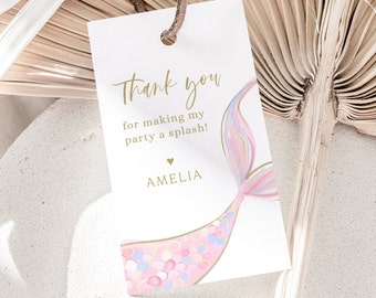 Editable Pink Mermaid Gift Tag, Mermaid Birthday Party Favor Tag, Under The Sea Mermaid Thank You Tag, Mermaid Swing Tag, Digital Download