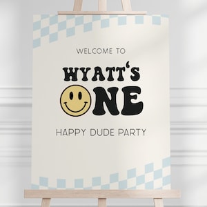 Bewerkbaar One Happy Dude Welcome Sign, Boy 1st Birthday Party, Blue Retro Smiley Face B'day Decor, Smiley Face Party Sign, Digitale Download