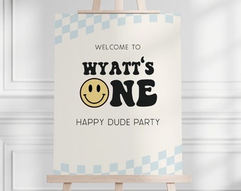 Editable One Happy Dude Bienvenido Sign, Boy 1st Birthday Party, Blue Retro Smiley Face B'day Decor, Smiley Face Party Sign, Descarga digital
