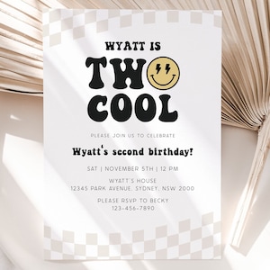 Two Cool Birthday Party Invitation, Editable Boy 2nd B&#39;day Party Invite, Retro Beige Checkered Smiley Face B&#39;day Invite, Digital Download
