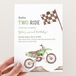 Dirt Bike 2nd Birthday Invitation, Editable Template, Born TWO Ride Green Dirt Bike B&#39;day Invite, Racing Bike Party, Digital Download
