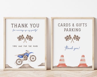 Blue Dirt Bike Favor & Gifts Parking Signs, Editable Template, Motorcycle Racing Party Table Signs, Motocross Bday Gifts Table Decoration