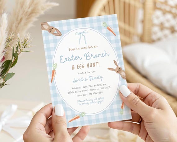 Easter Brunch & Egg Hunt Invitation, Editable Cute Easter Bunny Invite, Blue Gingham Spring Easter Egg Hunt Party, Digital Download