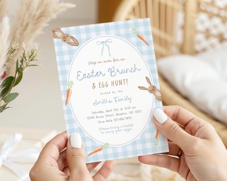Easter Brunch & Egg Hunt Invitation, Editable Cute Easter Bunny Invite, Blue Gingham Spring Easter Egg Hunt Party, Digital Download image 1