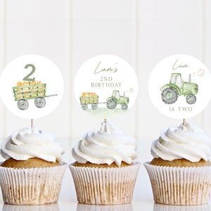 Editable Tractor Cupcake Toppers, Printable Green Tractor Round Cupcake Topper, Start Your Tractor Birthday Party Decor, Digital Download