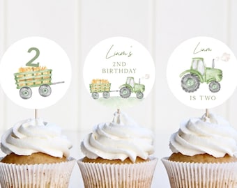 Editable Tractor Cupcake Toppers, Printable Green Tractor Round Cupcake Topper, Start Your Tractor Birthday Party Decor, Digital Download