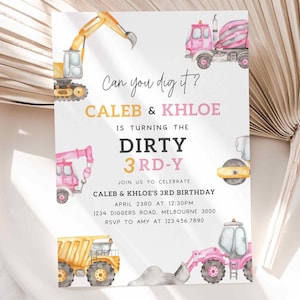 May include: Watercolor birthday invitation featuring construction vehicles in yellow and pink. The text reads "Can you dig it?" and announces Caleb & Khloe's 3rd birthday, with date, time, and location details.