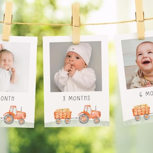 Orange Tractor 12 Months Photo Banner, Editable Tractor B&#39;day Photo Banner, Farm 1st Year Birthday Party Milestone Banner, Digital Download