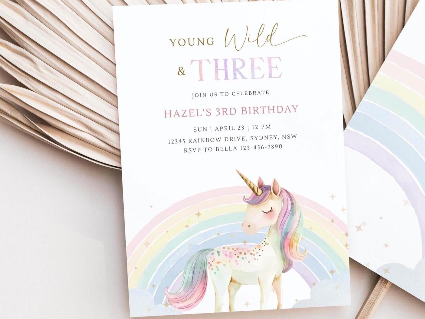 Young Wild & Three Unicorn Birthday Invitation, Editable Unicorn 3rd B'day Invite, Pastel Rainbow Unicorn Magical Party, Digital Download