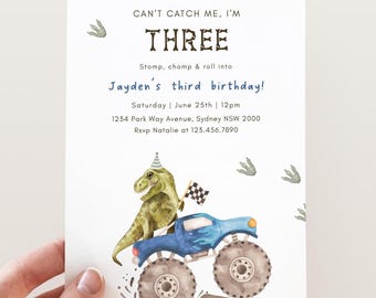 Monster Truck & Dinosaur 3rd Birthday Invitation, Editable Can't Catch Me I'm Three Trex Monster Truck Party B'day Invite , Digital Download