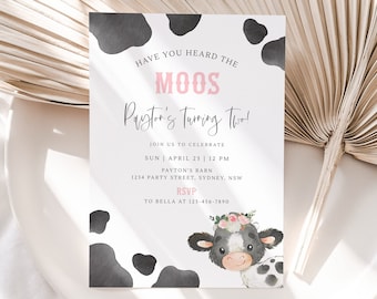 Have You Heard The Moos Birthday Invitation, Editable Girl Cow 2nd B'day, Modern Girl Pink Barn Yard B'day Party Invite, Digital Download