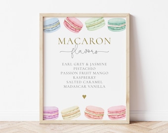 Macarons Flavors Schild, bearbeitbares Macaron-Menü, minimalistisches Macaron Bar Dekor, Pastell Macaron Tischschild, Süße Feier, digitaler Download