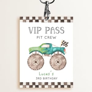 Green Monster Truck Pit Crew Pass, Editable Racing Truck Birthday VIP Pit Pass, Printable Monster Truck Party VIP Crew Tag, Digital Download