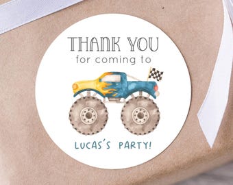 Editable Monster Truck Party Favors Stickers, Blue Monster Truck Thank You Labels Template, Racing Trucks Birthday Label, Digital Download