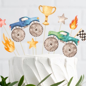 Monstertruck Geburtstag Tortendeko, druckbare Kuchendekoration, blaue & grüne LKW B'day Party DIY druckbare Topper, digitaler Download