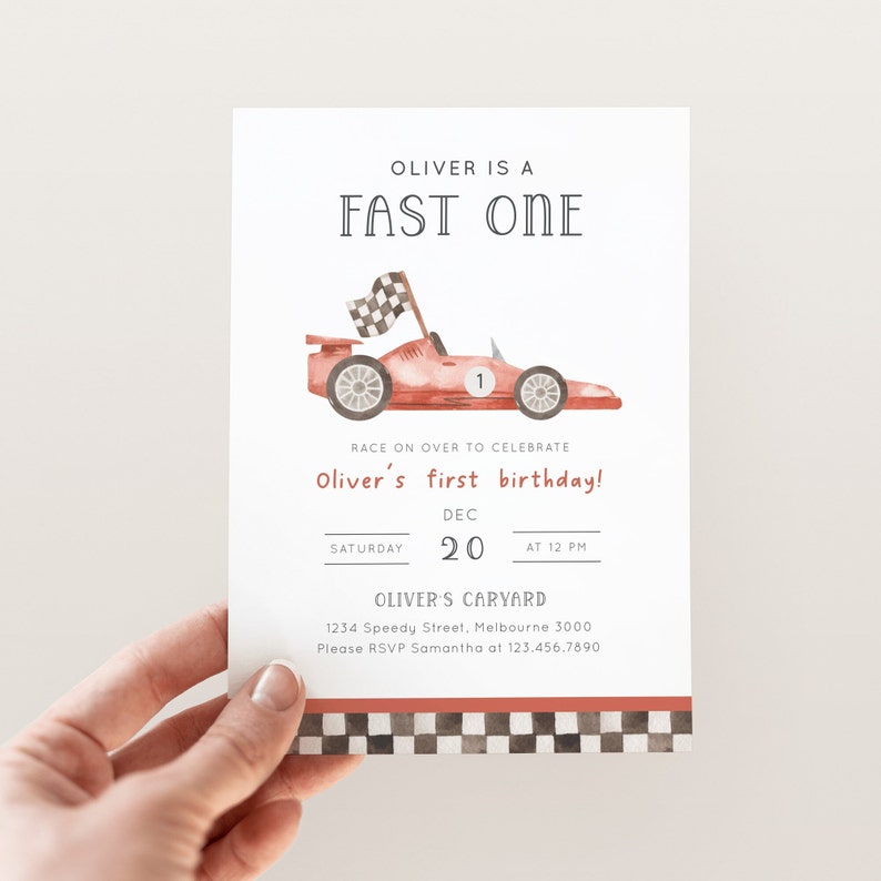 Fast ONE Invitation, Editable Car 1st Birthday Invitation, Racing Car First B'day Invite Template, Red Racing Car Invite, Digital Download image 1