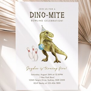 Editable Dinosaur Bowling Birthday Invitation, Any Age T-Rex Bowling Party Invite, Bowling Dino B&#39;day Dinomite Party, Digital Download