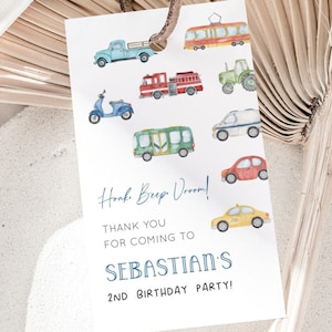 Editable Transportation Thank You Tag, Transport Vehicle Birthday Party Label, Car Tram Bus Tractor Truck Favors B&#39;day Tag, Digital Download