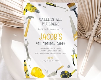 May include: A white invitation card with a yellow and gray color scheme. The card features a cartoon illustration of various tools, including a hammer, saw, wrench, screwdriver, and paintbrush. The text on the card reads "Calling All Builders" and "Let's build some fun at Jacob's 4th Birthday Party". The invitation includes the date, time, location, and RSVP information.