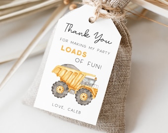 Tag de cadeaux de fête de camion de construction, modèle modifiable, étiquette d'anniversaire de camion de construction, étiquette de cadeaux de remerciement de camion à benne basculante, téléchargement numérique