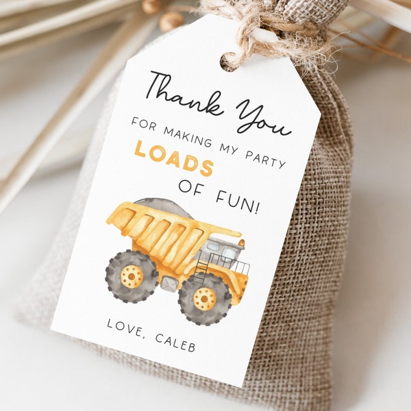 Construction Truck Party Favors Tag, Editable Template, Construction Truck Birthday Label, Dump Truck Thank You Favors Tag, Digital Download